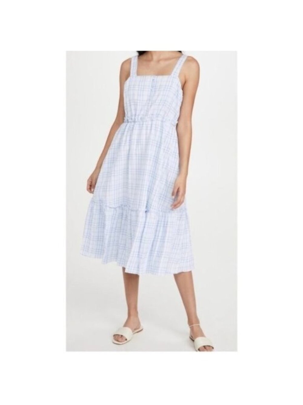English Factory Anthropologie Blue & White Checkered Sleeveless Midi Dress - S
